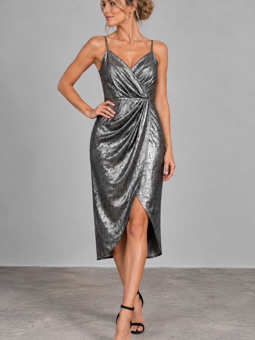 Worthington Women’s Metallic Silver Wrap Ruched Midi Dress Size M Party Cocktail